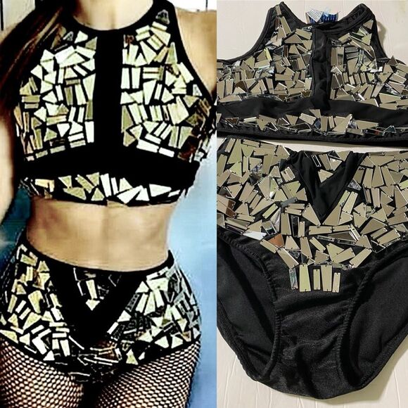 Glamour dance costume broken glass two-piece silver embellishment XLA/LA - Picture 1 of 11